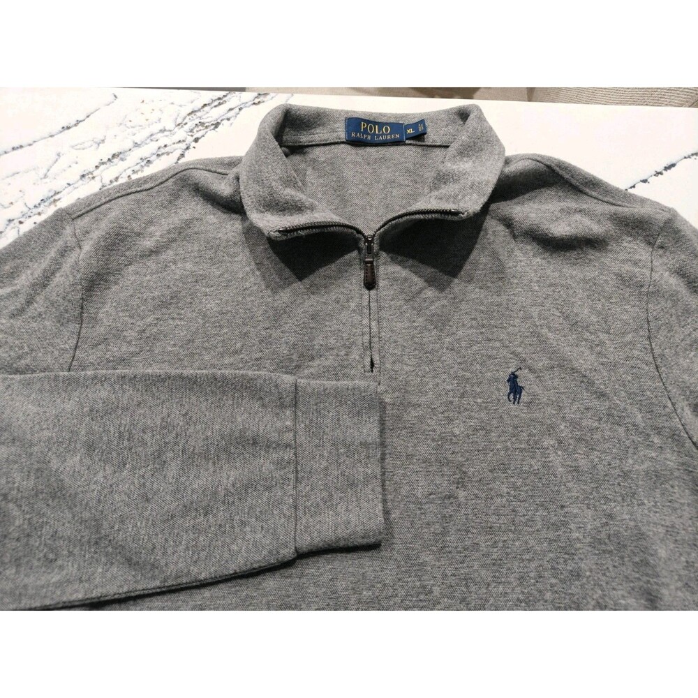 Polo Ralph Lauren Gray Q-Zip Pullover Sweater Blue Embroidered Pony size XL